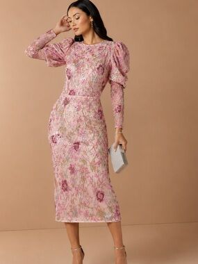 NWT Mac Duggal Pink Embellished 5590 Puff Sleeve High Neck Dress Size 16